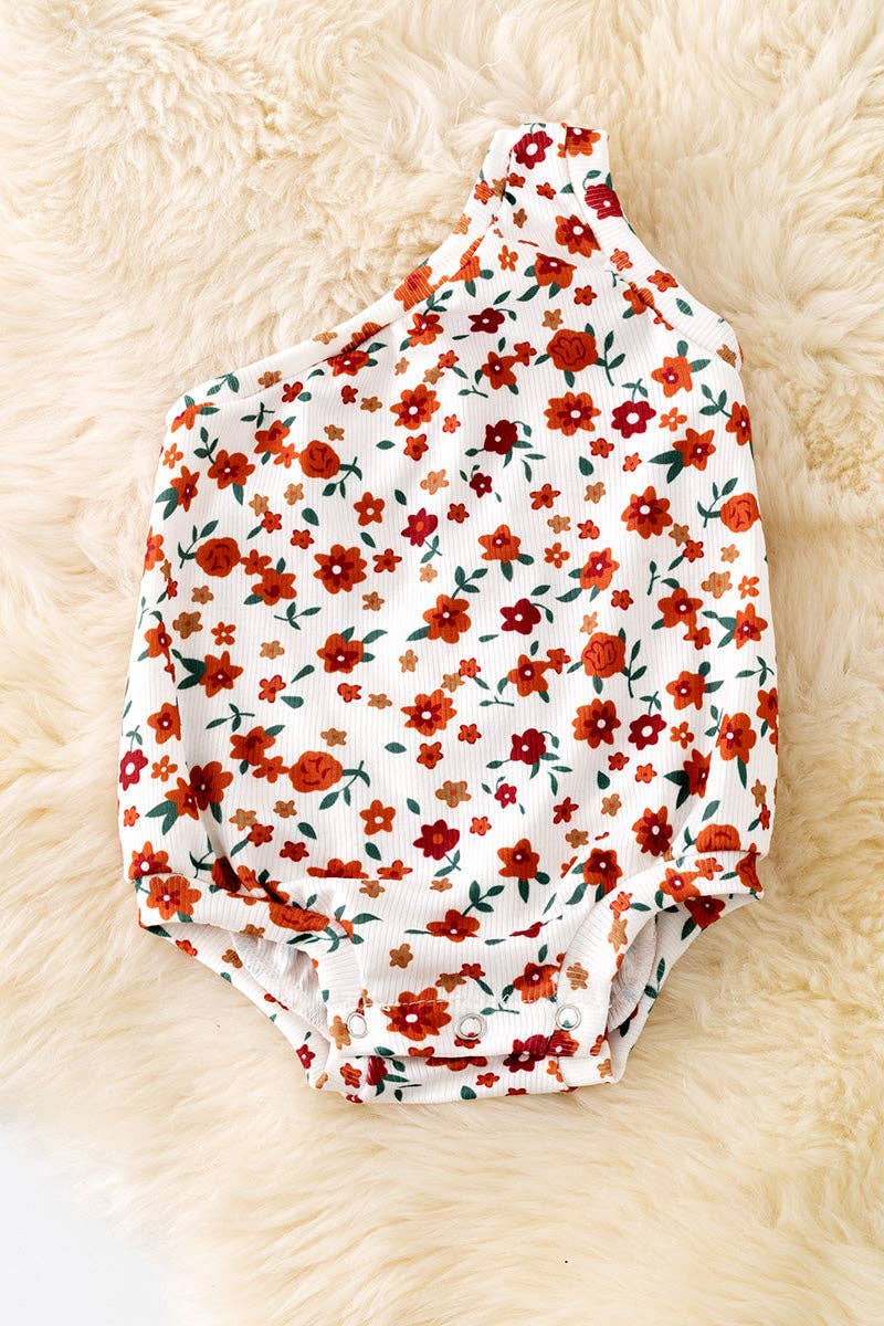 Cold shoulder ditsy floral bodysuit with snaps. RPG50974 AMY: 2T