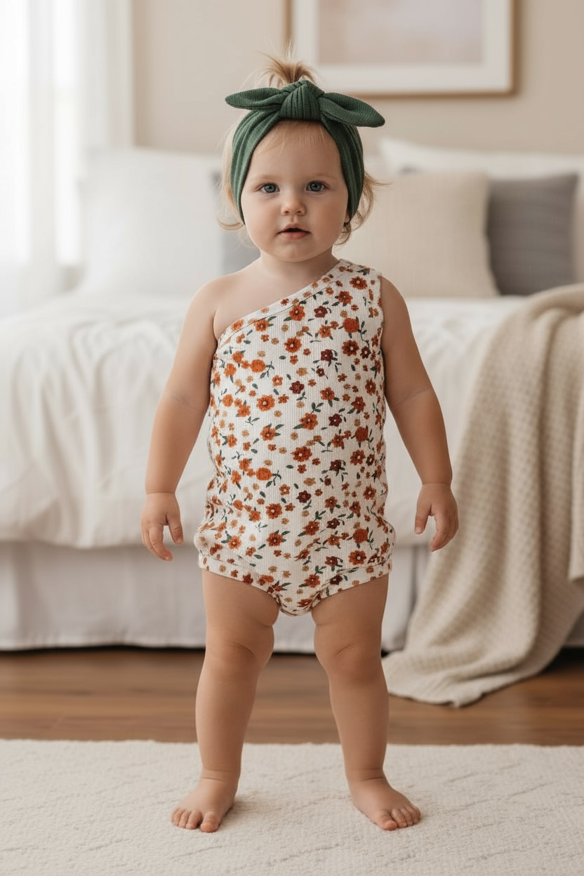 Cold shoulder ditsy floral bodysuit with snaps. RPG50974 AMY: 2T