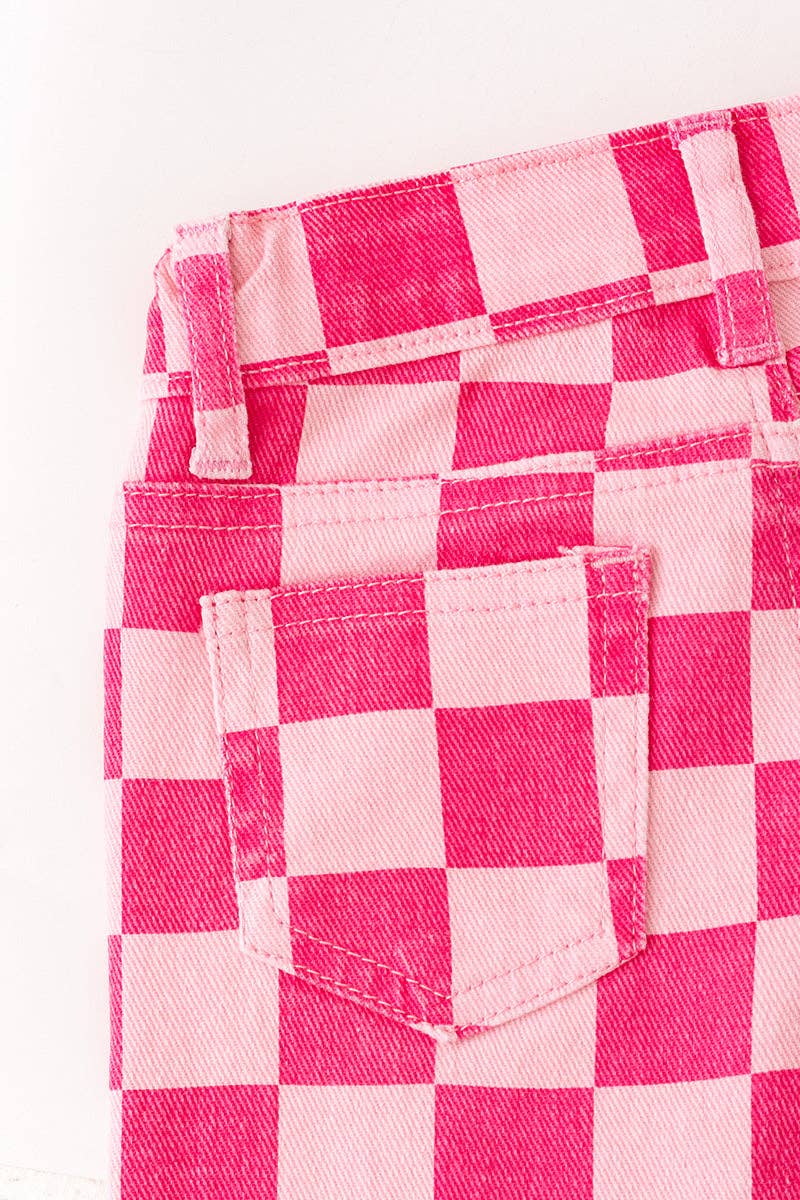 Fuchsia & light pink checkered printed denim pants