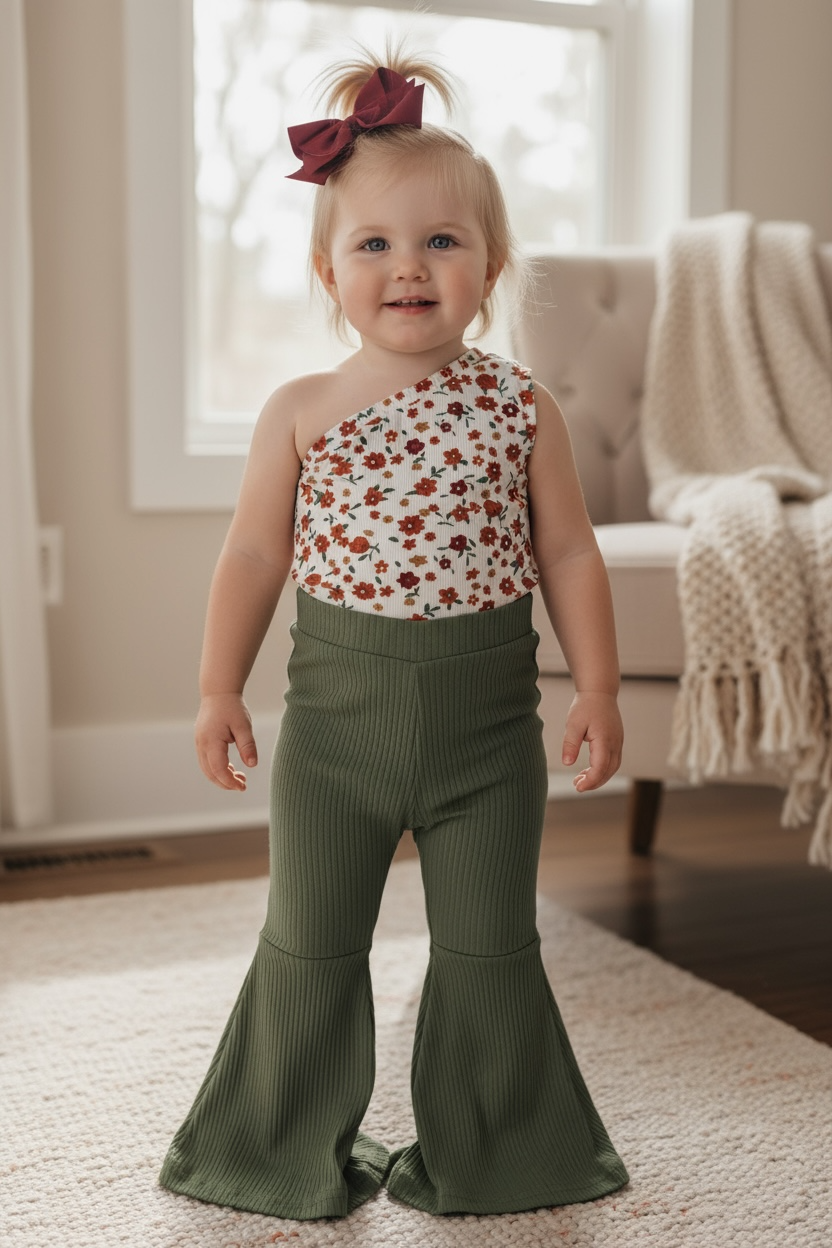 Cold shoulder ditsy floral bodysuit with snaps. RPG50974 AMY: 2T