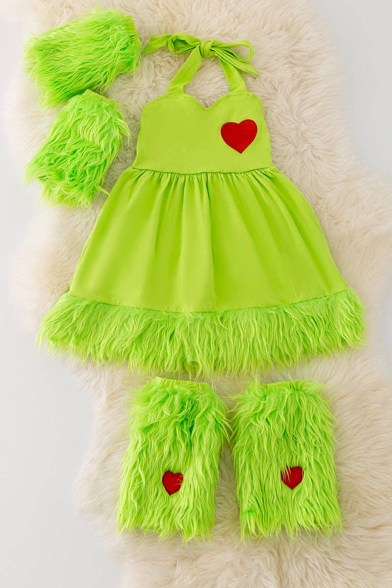 ❄️Green fur dress  w/hand warmers and leg warmers