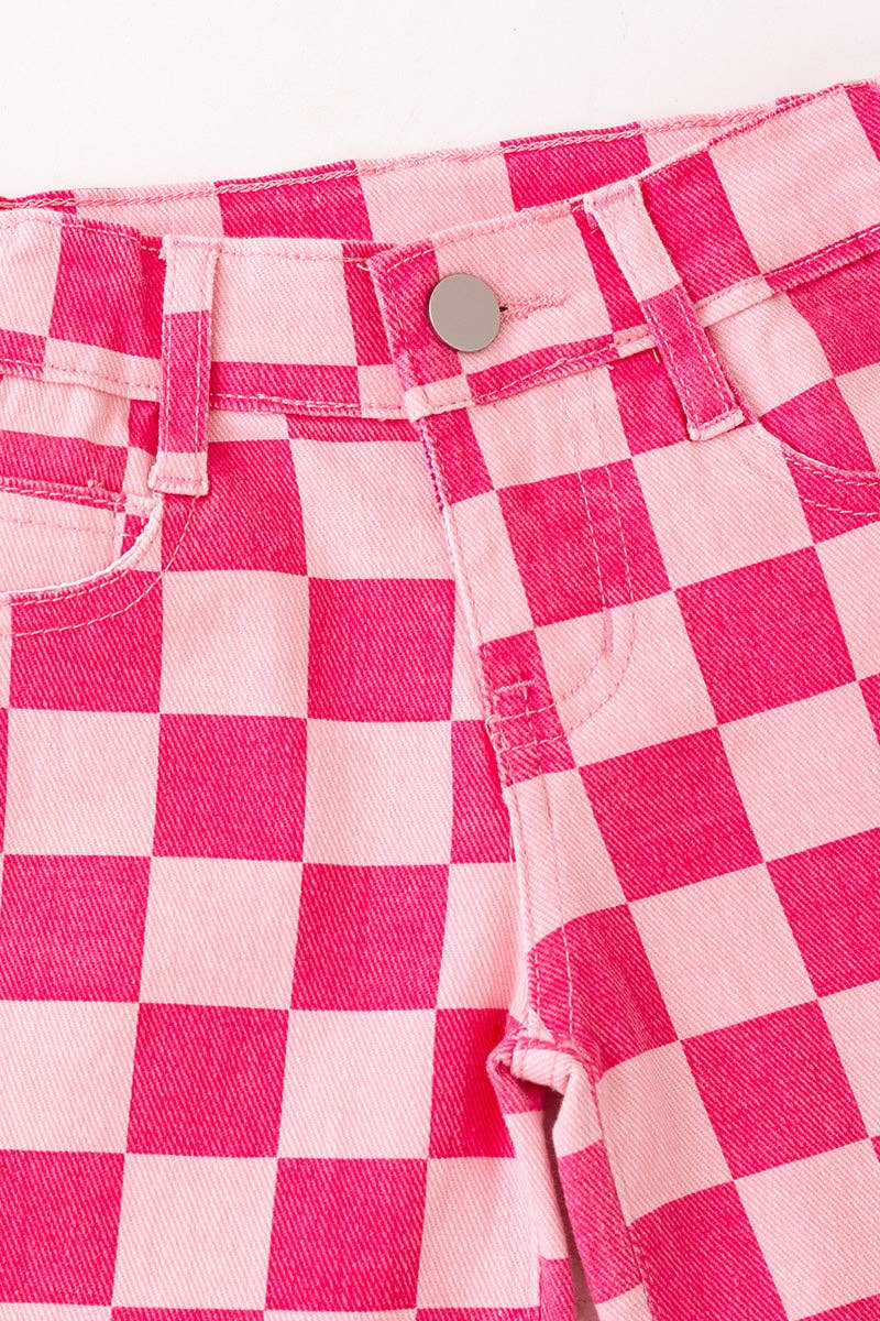 Fuchsia & light pink checkered printed denim pants