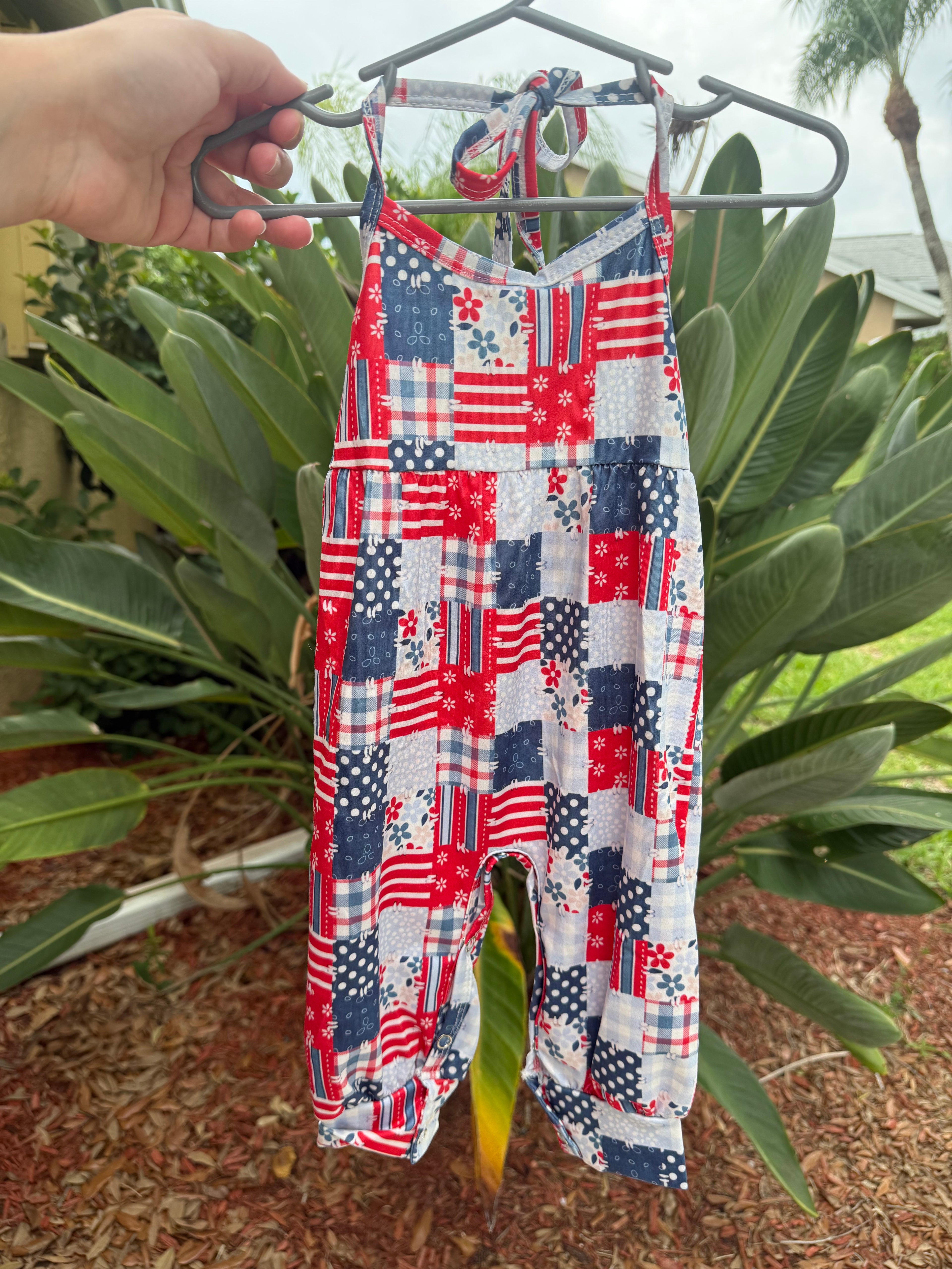 Red white & Patchwork romper