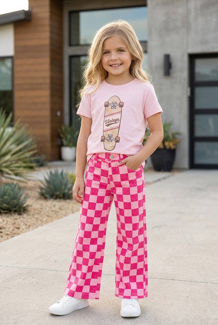 Fuchsia & light pink checkered printed denim pants
