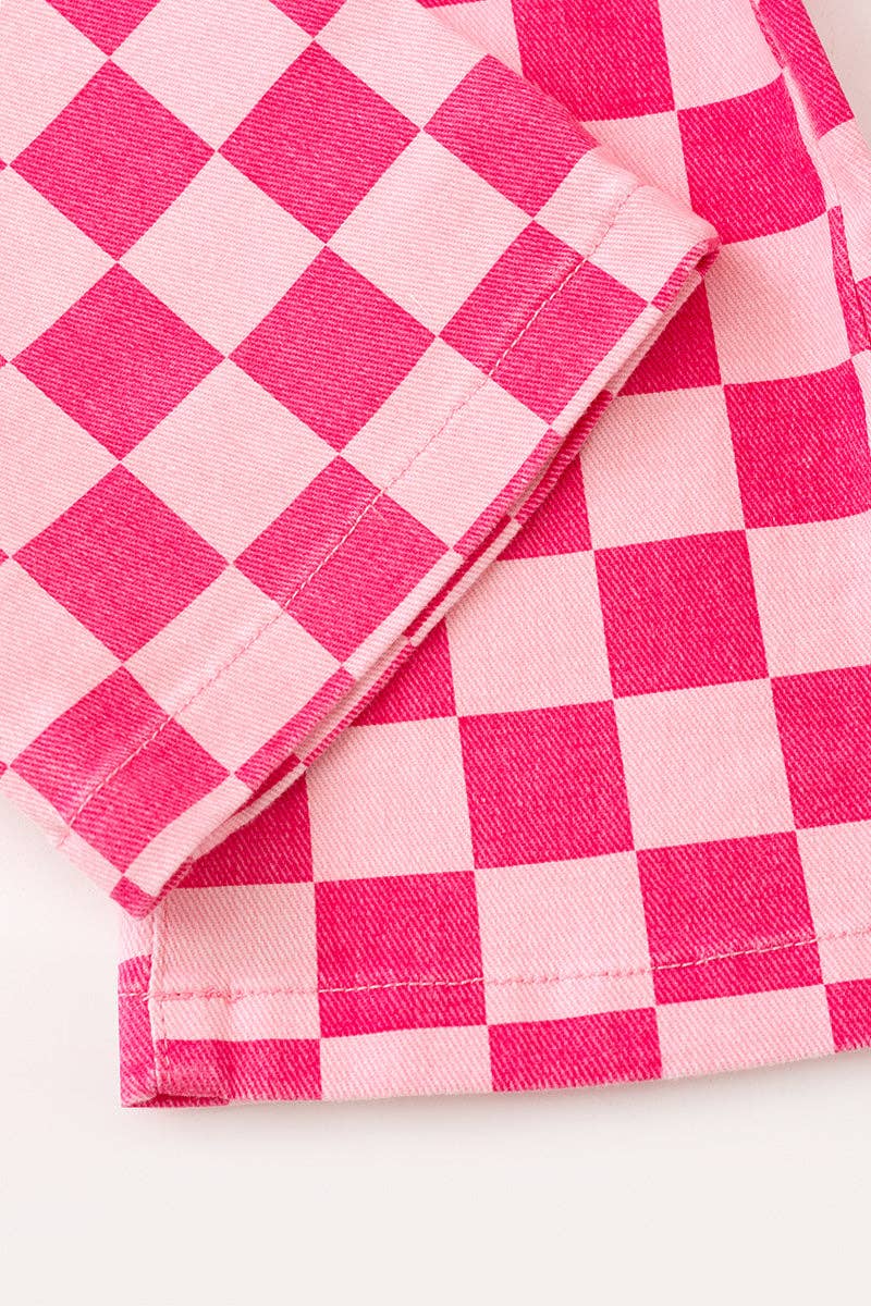 Fuchsia & light pink checkered printed denim pants
