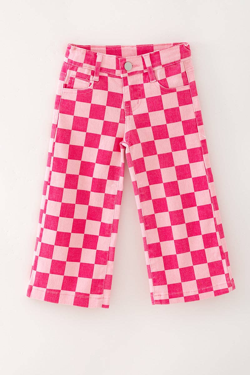 Fuchsia & light pink checkered printed denim pants