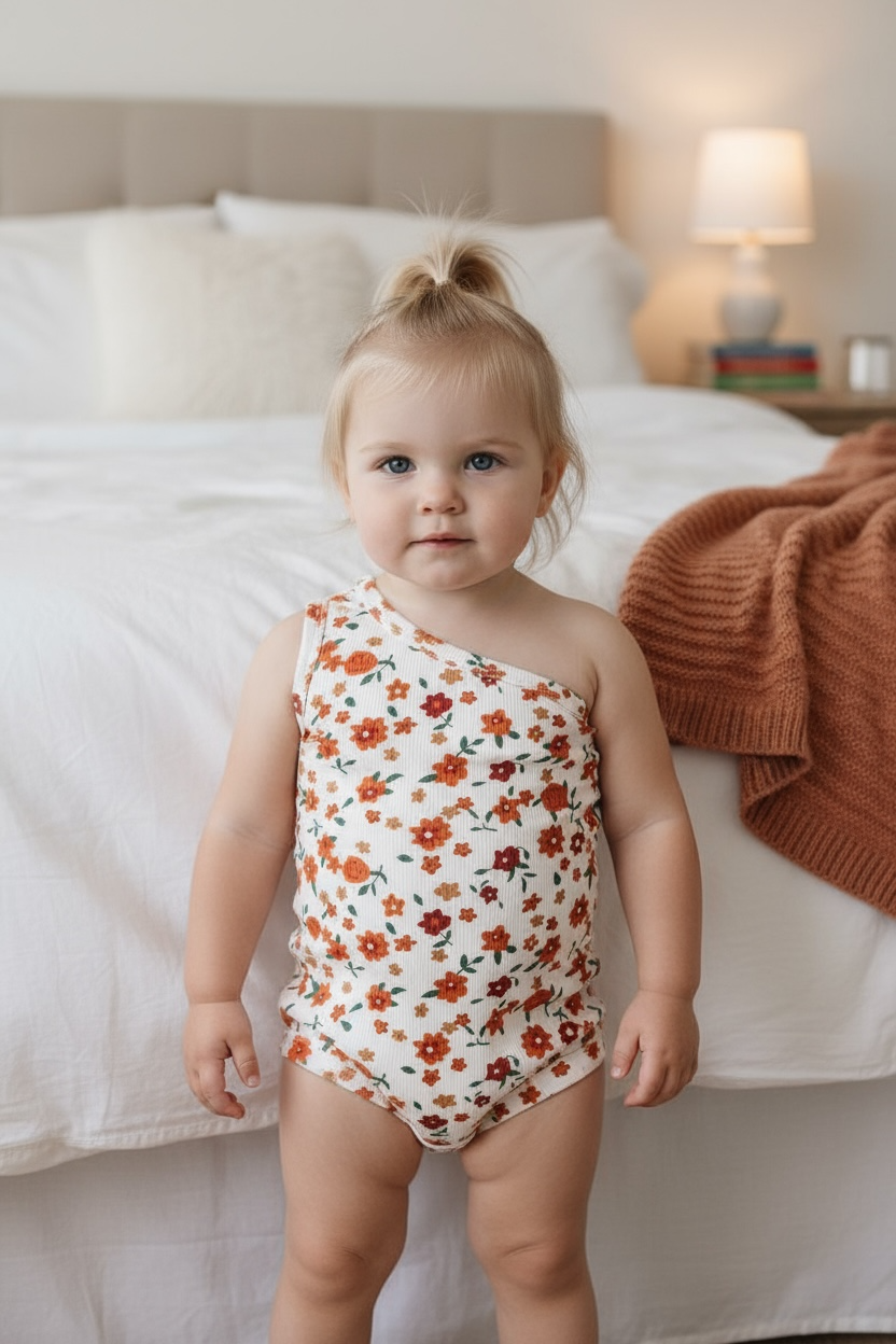 Cold shoulder ditsy floral bodysuit with snaps. RPG50974 AMY: 2T